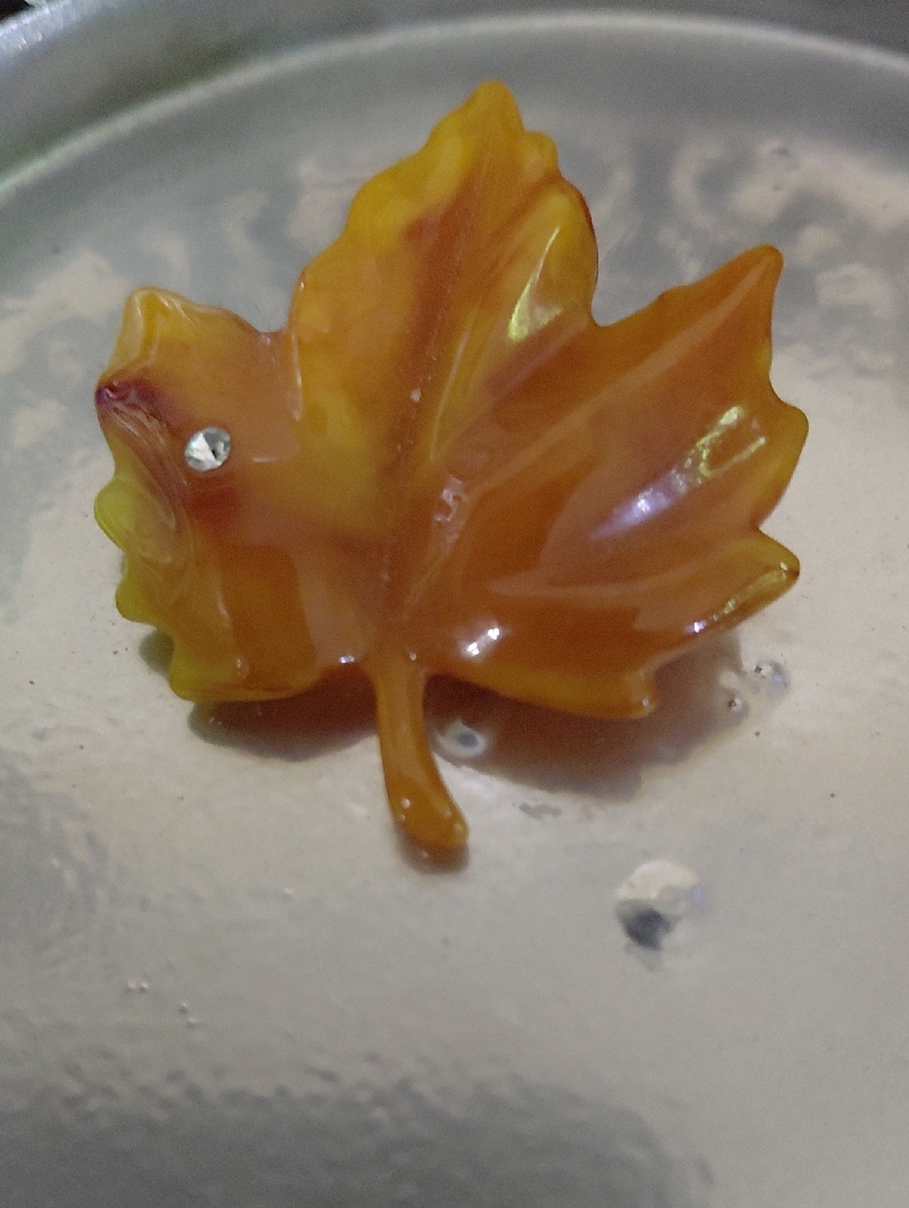 Avon Amber Yellow-Orange Leaf Brooch with Rhinestone